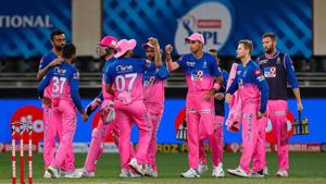 Rajasthan Royals players celebrate the wicket of Delhi Capitals player Shikhar Dhawan during the Indian Premier League (IPL) cricket match, at the Dubai International Cricket Stadium in Dubai.(PTI) Rajasthan Royals players celebrate the wicket of Delhi Capitals player Shikhar Dhawan during the Indian Premier League (IPL) cricket match, at the Dubai International Cricket Stadium in Dubai.(PTI)