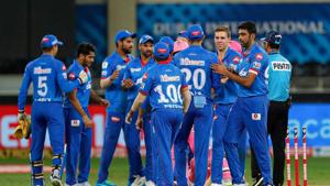 Delhi Capitals celebrates after defeating Rajasthan Royals during the Indian Premier League (IPL) cricket match, at the Dubai International Cricket Stadium in Dubai.(PTI) Delhi Capitals celebrates after defeating Rajasthan Royals during the Indian Premier League (IPL) cricket match, at the Dubai International Cricket Stadium in Dubai.(PTI)