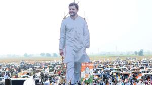 Larger than life cutout of Congress leader Rahul Gandhi displayed during party's 'Kheti Bachao' tractor rally against the farm laws, at Sanaur in Patiala. (Photo by Bharat Bhushan / Hindustan Times) Larger than life cutout of Congress leader Rahul Gandhi displayed during party's 'Kheti Bachao' tractor rally against the farm laws, at Sanaur in Patiala. (Photo by Bharat Bhushan / Hindustan Times)