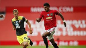 Manchester United's Marcus Rashford in action with Southampton's James Ward-Prowse.(Pool via REUTERS) Manchester United's Marcus Rashford in action with Southampton's James Ward-Prowse.(Pool via REUTERS)