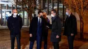 French President Emmanuel Macron and French Education Minister Jean-Michel Blanquer talk with officials as they visit the scene of a stabbing attack in the Conflans-Sainte-Honorine suburb of Paris, France.(REUTERS) French President Emmanuel Macron and French Education Minister Jean-Michel Blanquer talk with officials as they visit the scene of a stabbing attack in the Conflans-Sainte-Honorine suburb of Paris, France.(REUTERS)