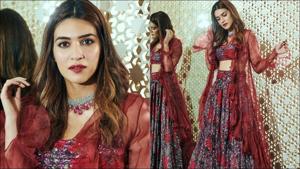 Kriti Sanon ditches dupatta for a jacket with her scarlet lehenga in this ethnic look(Instagram/sukritigrover) Kriti Sanon ditches dupatta for a jacket with her scarlet lehenga in this ethnic look(Instagram/sukritigrover)