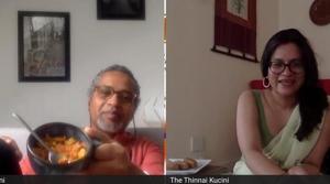 Ari Gautier holds up a bowl of Rougaille Mattikallu, a combination of Pondicherrian freshwater mussels and a Mauritian tomato-based gravy, finished with and a dash of Chardonnay, in a session on food as heritage and memory, with Ananya Kabir.(Le Thinnai Kreyol / Facebook) Ari Gautier holds up a bowl of Rougaille Mattikallu, a combination of Pondicherrian freshwater mussels and a Mauritian tomato-based gravy, finished with and a dash of Chardonnay, in a session on food as heritage and memory, with Ananya Kabir.(Le Thinnai Kreyol / Facebook)
