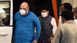 Union Home Minister Amit Shah along with other BJP leaders arrives to attend BJP Central Election Committee (CEC) meeting at the party headquarters, in New Delhi.(ANI) Union Home Minister Amit Shah along with other BJP leaders arrives to attend BJP Central Election Committee (CEC) meeting at the party headquarters, in New Delhi.(ANI)