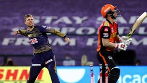Abu Dhabi: Kolkata Knight Riders (KKR) bowler Lockie Ferguson celebrates the wicket of Sunrisers Hyderabad (SRH) batsman David Warner during the Super Over of the Indian Premier League (IPL) T20 cricket match, at the Sheikh Zayed Stadium in Abu Dhabi, Sunday, Oct. 18, 2020.(PTI) Abu Dhabi: Kolkata Knight Riders (KKR) bowler Lockie Ferguson celebrates the wicket of Sunrisers Hyderabad (SRH) batsman David Warner during the Super Over of the Indian Premier League (IPL) T20 cricket match, at the Sheikh Zayed Stadium in Abu Dhabi, Sunday, Oct. 18, 2020.(PTI)