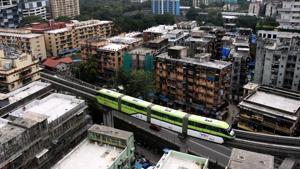 A monorail during a trial run ahead of the resumption of services from Chembur to Jacob Circle during Unlock 5 in Mumbai. (Photo by Bhushan Koyande/ HT Photo) A monorail during a trial run ahead of the resumption of services from Chembur to Jacob Circle during Unlock 5 in Mumbai. (Photo by Bhushan Koyande/ HT Photo)