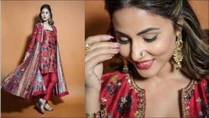 Hina Khan amps up Navaratri 2020 vibe in Rs 22k cherry red silk jacket and pant set(Instagram/realhinakhan) Hina Khan amps up Navaratri 2020 vibe in Rs 22k cherry red silk jacket and pant set(Instagram/realhinakhan)