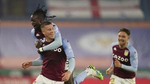 Aston Villa's Ross Barkley, bottom left, celebrates after scoring during the English Premier League soccer match between Leicester City and Aston Villa at the King Power Stadium in Leicester.(AP) Aston Villa's Ross Barkley, bottom left, celebrates after scoring during the English Premier League soccer match between Leicester City and Aston Villa at the King Power Stadium in Leicester.(AP)