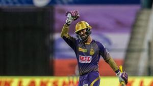 Kolkata Knight Riders (KKR) batsman Dinesh Karthik celebrates after winning their Indian Premier League (IPL) T20 cricket match against Sunrisers Hyderabad (SRH).(PTI) Kolkata Knight Riders (KKR) batsman Dinesh Karthik celebrates after winning their Indian Premier League (IPL) T20 cricket match against Sunrisers Hyderabad (SRH).(PTI)