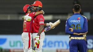 Dubai: Kings XI Punjab players Mayank Agarwal and Chris Gayle celebrate after winning their Indian Premier League (IPL) T20 cricket match against Mumbai Indians (MI), at Dubai International Cricket Stadium in Dubai, Sunday, Oct. 18, 2020.(PTI) Dubai: Kings XI Punjab players Mayank Agarwal and Chris Gayle celebrate after winning their Indian Premier League (IPL) T20 cricket match against Mumbai Indians (MI), at Dubai International Cricket Stadium in Dubai, Sunday, Oct. 18, 2020.(PTI)