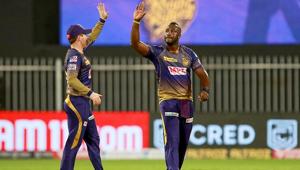 Kolkata Knight Riders player Andre Russell celebrates with Eoin Morgan.(PTI) Kolkata Knight Riders player Andre Russell celebrates with Eoin Morgan.(PTI)