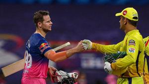 Chennai Super Kings captain MS Dhoni and Rajasthan Royals captain Steve Smith after a match during the Indian Premier League 2020, at Sheikh Zayed Stadium, in Abu Dhabi.(PTI) Chennai Super Kings captain MS Dhoni and Rajasthan Royals captain Steve Smith after a match during the Indian Premier League 2020, at Sheikh Zayed Stadium, in Abu Dhabi.(PTI)