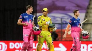 Chennai Super Kings captain MS Dhoni and Rajasthan Royals player Jos Buttler after a match during the Indian Premier League 2020, at Sheikh Zayed Stadium, in Abu Dhabi.(PTI) Chennai Super Kings captain MS Dhoni and Rajasthan Royals player Jos Buttler after a match during the Indian Premier League 2020, at Sheikh Zayed Stadium, in Abu Dhabi.(PTI)
