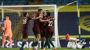 Wolverhampton Wanderers' Raul Jimenez celebrates with teammates after Leeds United's Kalvin Phillips scores an own goal and the first for Wolverhampton Wanderers.(Pool via REUTERS) Wolverhampton Wanderers' Raul Jimenez celebrates with teammates after Leeds United's Kalvin Phillips scores an own goal and the first for Wolverhampton Wanderers.(Pool via REUTERS)