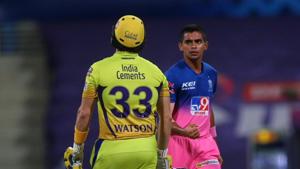 Photo of Kartik Tyagi, Shane Watson from 37th IPL 2020 match in Abu Dhabi(Twitter) Photo of Kartik Tyagi, Shane Watson from 37th IPL 2020 match in Abu Dhabi(Twitter)
