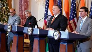 Indian defence minister Rajnath Singh, external affairs minister S Jaishankar, US secretary of state Mike Pompeo and defence secretary Mark Esper.(Reuters file photo) Indian defence minister Rajnath Singh, external affairs minister S Jaishankar, US secretary of state Mike Pompeo and defence secretary Mark Esper.(Reuters file photo)