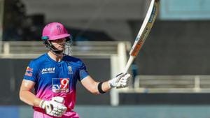 Rajasthan Royals captain Steve Smith after scoring fifty runs during Indian Premier League (IPL) T20 cricket match against Royal Challengers Bangalore (RCB), at the Dubai International Cricket Stadium in Dubai.(PTI) Rajasthan Royals captain Steve Smith after scoring fifty runs during Indian Premier League (IPL) T20 cricket match against Royal Challengers Bangalore (RCB), at the Dubai International Cricket Stadium in Dubai.(PTI)