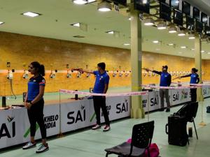Indian shooters resume practice at the Karni Singh Shooting range.(HT Photo/Avishek Roy) Indian shooters resume practice at the Karni Singh Shooting range.(HT Photo/Avishek Roy)