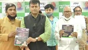 JD(U) leader releasing the party’s manifesto for upcoming Bihar Assembly elections, in Patna on Thursday.(ANI Photo) JD(U) leader releasing the party’s manifesto for upcoming Bihar Assembly elections, in Patna on Thursday.(ANI Photo)