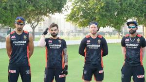Virat Kohli along with RCB teammates de Villiers, Padikkal and Siraj.(Virat Kohli/Instagram) Virat Kohli along with RCB teammates de Villiers, Padikkal and Siraj.(Virat Kohli/Instagram)
