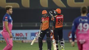 Sunrisers Hyderbad batsmen Manish Pandey and Vijay Shankar during the Indian Premier League 2020 cricket match against Rajasthan Royals, at Dubai International Cricket Stadium, in Dubai.(PTI) Sunrisers Hyderbad batsmen Manish Pandey and Vijay Shankar during the Indian Premier League 2020 cricket match against Rajasthan Royals, at Dubai International Cricket Stadium, in Dubai.(PTI)