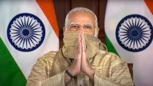 Prime Minister Narendra Modi gestures as he addresses the people of West Bengal on the occasion of Durga Puja, via video conferencing, in New Delhi on Thursday.(PTI Photo) Prime Minister Narendra Modi gestures as he addresses the people of West Bengal on the occasion of Durga Puja, via video conferencing, in New Delhi on Thursday.(PTI Photo)