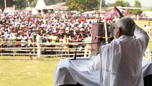 Bihar chief minister Nitish Kumar addresses supporters during an election rally at Amarpur ,in Banka district on Wednesday.(ANI Photo) Bihar chief minister Nitish Kumar addresses supporters during an election rally at Amarpur ,in Banka district on Wednesday.(ANI Photo)