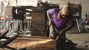 A worker prepares steel furniture at a factory on the outskirts of Jammu.(AP File Photo) A worker prepares steel furniture at a factory on the outskirts of Jammu.(AP File Photo)