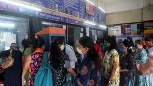 Women passengers stand in the queue at the ticket window at Borivali Railway Station, in Mumbai on Wednesday.(ANI) Women passengers stand in the queue at the ticket window at Borivali Railway Station, in Mumbai on Wednesday.(ANI)