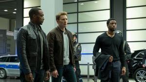 Anthony Mackie, Chris Evans and Chadwick Boseman in a still from Captain America: Civil War. Anthony Mackie, Chris Evans and Chadwick Boseman in a still from Captain America: Civil War.