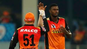 IPL 2020: Jason Holder celebrates a wicket with Jonny Bairstow.(IPL/Twitter) IPL 2020: Jason Holder celebrates a wicket with Jonny Bairstow.(IPL/Twitter)