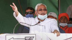 Bihar chief minister Nitish Kumar addresses an election meeting in Siwan, October 20, 2020(PTI)