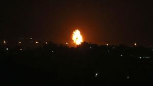 Flames are seen following an Israeli air strike in the town of Khan Yunis, in the southern Gaza Strip, early on October 23, 2020.(AFP) Flames are seen following an Israeli air strike in the town of Khan Yunis, in the southern Gaza Strip, early on October 23, 2020.(AFP)