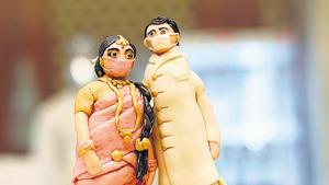 Some couples are taking the pandemic in their stride and incorporating it in their wedding themes, decor and cake.(Photo courtesy Megha Israni) Some couples are taking the pandemic in their stride and incorporating it in their wedding themes, decor and cake.(Photo courtesy Megha Israni)