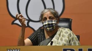 Union finance minister Nirmala Sitharaman addresses press conference at BJP HQ in New Delhi on Saturday.(Sanjeev Verma/HT Photo) Union finance minister Nirmala Sitharaman addresses press conference at BJP HQ in New Delhi on Saturday.(Sanjeev Verma/HT Photo)