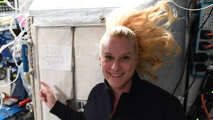 The post featured a photo of Rubins, her hair floating in the zero-gravity environment, in front of an enclosure with a sign that reads “ISS voting booth”.(NASA/Twitter) The post featured a photo of Rubins, her hair floating in the zero-gravity environment, in front of an enclosure with a sign that reads “ISS voting booth”.(NASA/Twitter)