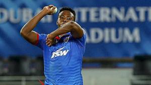 DC pacer Kagiso Rabada bowls during IPL 2020 cricket match against Delhi Capitals (DC), at Dubai International Cricket Stadium in Abu Dhabi, Friday.(PTI) DC pacer Kagiso Rabada bowls during IPL 2020 cricket match against Delhi Capitals (DC), at Dubai International Cricket Stadium in Abu Dhabi, Friday.(PTI)