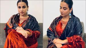 Vidya Balan slays in a <span class='webrupee'>₹</span>11k burgundy red velvet kurta set on Dussehra eve(Instagram/balanvidya) Vidya Balan slays in a <span class='webrupee'>₹</span>11k burgundy red velvet kurta set on Dussehra eve(Instagram/balanvidya)