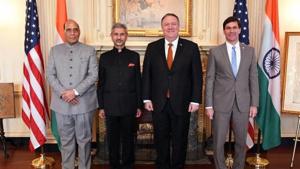 (L-R) Defence Minister Rajnath Singh, External Affairs Minister Dr S Jaishankar, US Secretary of State Michael Pompeo and US Secretary of Defense Dr Mark Esper.(ANI) (L-R) Defence Minister Rajnath Singh, External Affairs Minister Dr S Jaishankar, US Secretary of State Michael Pompeo and US Secretary of Defense Dr Mark Esper.(ANI)