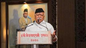 RSS chief Mohan Bhagwat speaking during the celebration on the occasion of Dussehra in Nagpur.(@RSSorg/Twitter Photo)