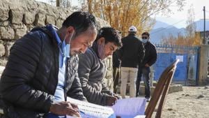Leh: Polling officials during the Ladakh Autonomous Hill Development Council (LAHDC) Elections, in Leh, Thursday, Oct. 22, 2020.(PTI photo) Leh: Polling officials during the Ladakh Autonomous Hill Development Council (LAHDC) Elections, in Leh, Thursday, Oct. 22, 2020.(PTI photo)