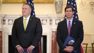 In picture - Secretary of State Mike Pompeo and Defense Secretary Mark Esper attend a news conference at the US State Department in Washington.(AP) In picture - Secretary of State Mike Pompeo and Defense Secretary Mark Esper attend a news conference at the US State Department in Washington.(AP)