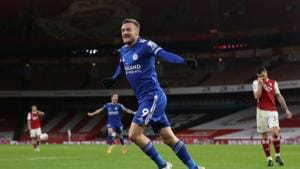 Leicester City's Jamie Vardy celebrates scoring their first goal.(Pool via REUTERS) Leicester City's Jamie Vardy celebrates scoring their first goal.(Pool via REUTERS)