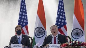 China’s comments came as US secretary of state Mike Pompeo (right) and secretary of defence Mark Esper visited New Delhi for the 2+2 dialogue with their Indian counterparts.(AP)