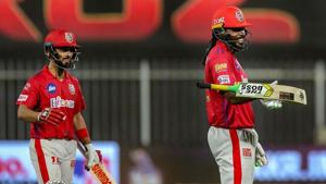 Chris Gayle of Kings XI Punjab after scoring fifty runs during Indian Premier League (IPL) cricket match against Kolkata Knight Riders, in Sharjah, UAE.(PTI) Chris Gayle of Kings XI Punjab after scoring fifty runs during Indian Premier League (IPL) cricket match against Kolkata Knight Riders, in Sharjah, UAE.(PTI)