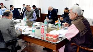 J&K LG Manoj Sinha chairs a meeting for the better implementation of the upcoming Youth Empowerment program, in Srinagar on Monday.(ANI) J&K LG Manoj Sinha chairs a meeting for the better implementation of the upcoming Youth Empowerment program, in Srinagar on Monday.(ANI)