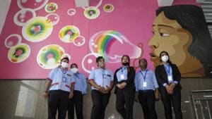 Employees at Noida Metro Rail Corporation's (NMRC) Pride Station dedicated to the Transgender community, at Sector 50, in Noida.(Photo by Sunil Ghosh / Hindustan Times)