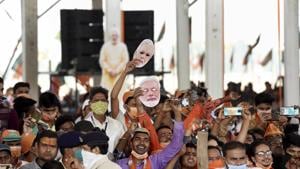 National Democratic Alliance supporters during Prime Minister Narendra Modi's election campaign rally ahead of Bihar Assembly polls, in Sasaram on October 23, 2020.(PTI)