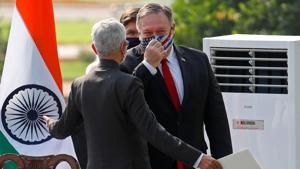 US Secretary of State Mike Pompeo talks to India's Foreign Minister Subrahmanyam Jaishankar after a joint news conference with India's Defence Minister Rajnath Singh and US Secretary of Defence Mark Esper, following their meeting at Hyderabad House in New Delhi.(REUTERS) US Secretary of State Mike Pompeo talks to India's Foreign Minister Subrahmanyam Jaishankar after a joint news conference with India's Defence Minister Rajnath Singh and US Secretary of Defence Mark Esper, following their meeting at Hyderabad House in New Delhi.(REUTERS)