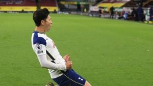 Tottenham Hotspur's Son Heung-min celebrates scoring their first goal.(Pool via REUTERS)